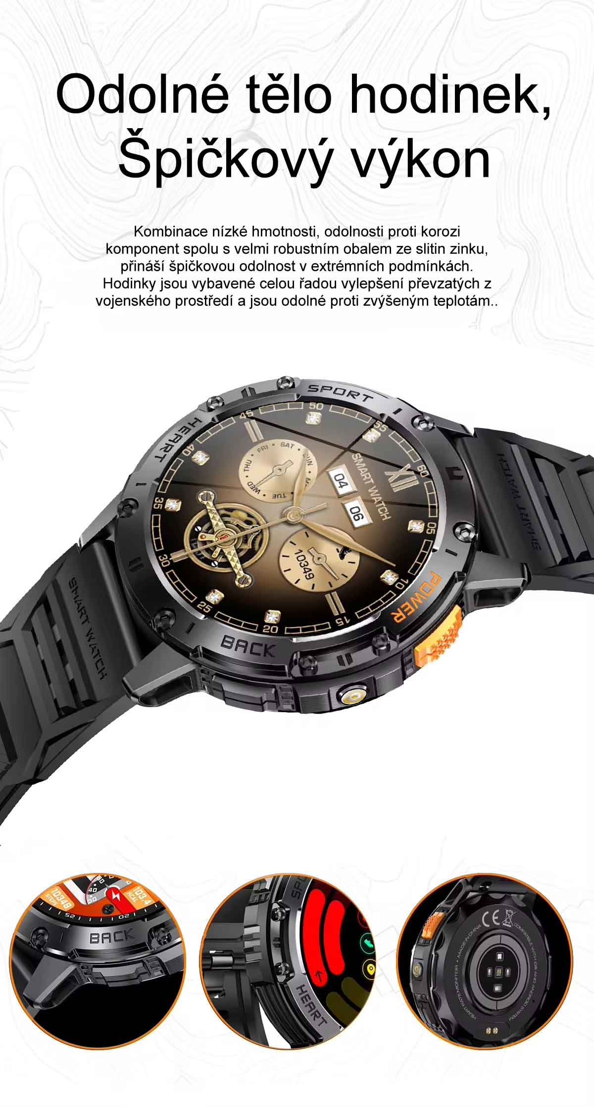 Chytré hodinky smart watch v češtině, s telefonováním, krokoměrem, oxymetrem, měřením tepu, tlaku, PW-165, černé s černým páskem