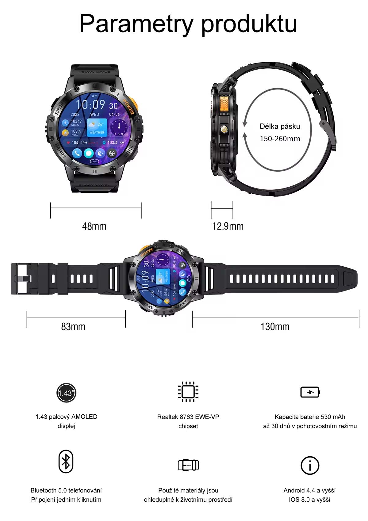 Chytré hodinky smart watch v češtině, s telefonováním, krokoměrem, oxymetrem, měřením tepu, tlaku, PW-165, černé s černým páskem